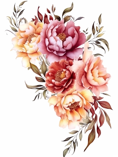 clear watercolor burgundy and peach peonies in corner arrangement border, hyper detailed, high definition, ultra realistic, clipart, white background,