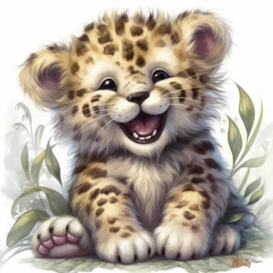 full body of a cute happy smiling baby cub leopard, hello, in the style of jody bergsma, insanely fluffy fur, clipart with white background,32k uhd, hand-painted details, charming character illustrations, amazing colours combo ,aquarellist, hd , how beautiful and cute it is,white background clipart