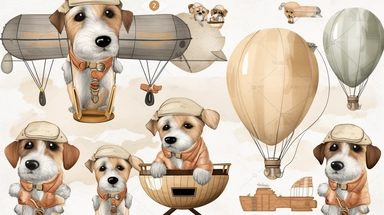 Wood dog Pilot Clipart, balloon with a basket , Aviator Clipart, cute sweet dogs Illustrations vintage