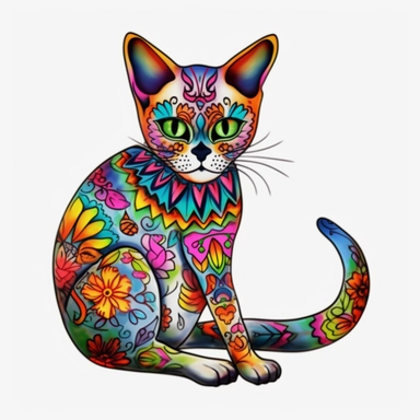 Colorful Cat Sugar Skull PNG Day of the Dead Instant kitty , outlined 10 cm thick, black, no shadows on the ground, whimsical illustrations, realistic watercolors, detailed illustrations cartoon full body, clipart PNG, transparent white background