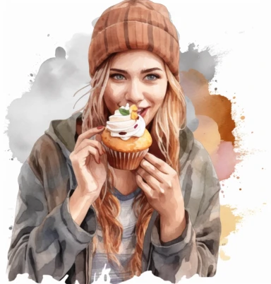 watercolor clipart white backgrond a woman eating a cupcake, in the style of nikon d850, hispanicore, outdoor scenes, brown, joyful and optimistic, batik, 32k uhd