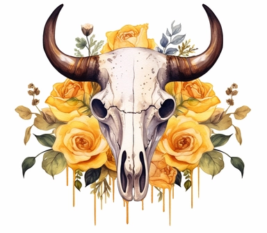 Cute Beautiful Cow skull yellow rose Watercolor Sublimation Clipart,Cartoon, hyper realistic, intricate detail, illustration style,high solution,on the white background , 32k resolution, ultra high definition