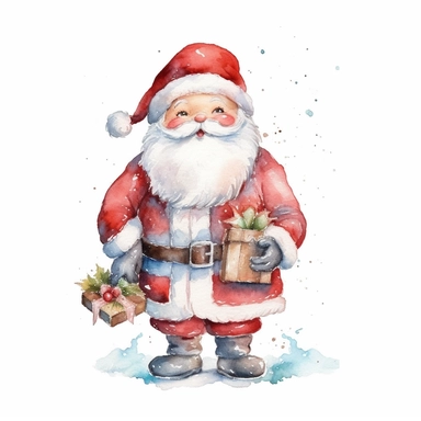 watercolor Christmas Santa Claus clipart with margins, digital watercolor, for children’s book, design lovely style, cartoon funny, simple watercolor, white clean background