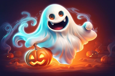 Cute ghost. Happy halloween ghosts characters, spooky expression creature. Funny scary magic demon with pumpkin, mystery creative nowaday vector clipart, realistic, full frame, very detailed