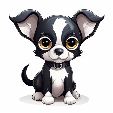 clipart, cute black and white Chihuahua puppy character, Cartoon style, adorable, ultra-high details, white background, chibi, kawaii, beautiful bright eyes