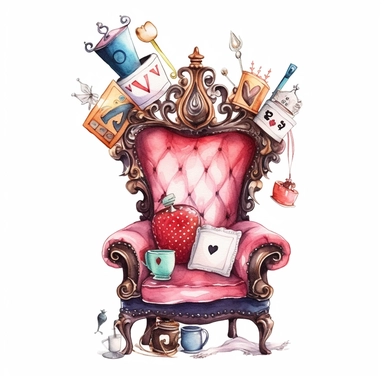 Whimsical watercolour alice in wonderland queen of hearts throne and royal items clip art