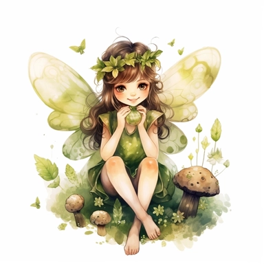 cute adorable forest fairy, green forest fairy, fairy with wings, fairy loves four leaf clovers, fairy is happy smiling, fairy is sitting in a flower garden,watercolour illustration, soft light, fairy forest, clipart