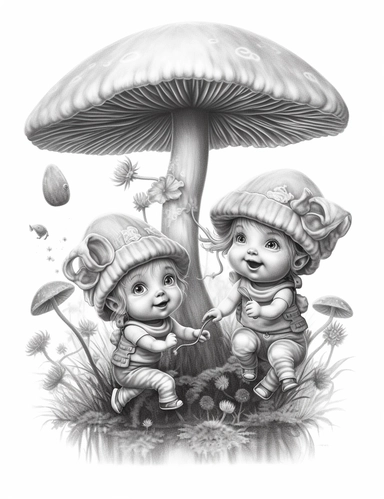 light gray and bubbles, two humanoid baby gnomes run butterflies on a huge mushroom, highly detailed clipart, hdr, 32K, photo expert quality, greatest for coloring realistic, hyperrealistic and highly detailed, coloring book pages, isolated on a white background