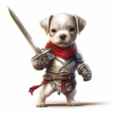 Adorable cute fantasy baby dog dressed like knight standing in dynamic pose,front view,fullbody,sharp through out,happy expression, nursery art, clipart image, lineart image, white background, very detailed, 8k, composition wide shot