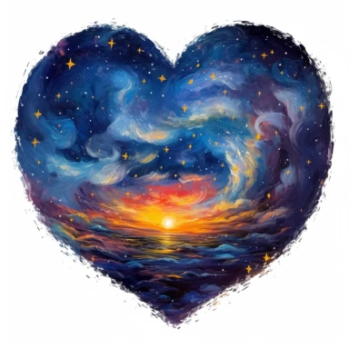 painting of a heart with a night sky inside of it, in the style of enchanting realms, nature-inspired installations, bloomcore, mesmerizing colorscapes, skillful, fluid and organic, clipart, blank white background