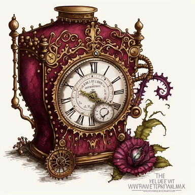 steampunk clock image, steampunk, intense colors, luxurious, victorian, clipart, watercolour, maroon, white background, detailed