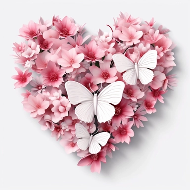 3D exceptionally beautiful pink flowers and butterflies in 3D, heart shaped, clipart, white background