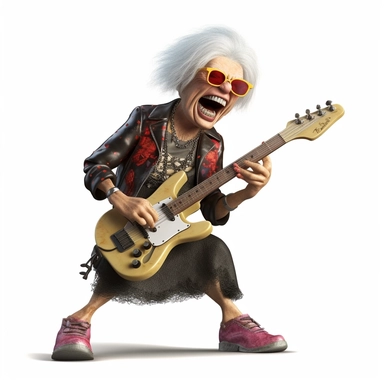 A granny dressed as a rock star clipart, rocking out on an electric guitar while her dentures fly out of her mouth, Highly Detailed, Well Rendered, illustration