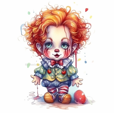 Chibi super cute clown clip art, no watermark, no signature, no text, white background, watercolour, hyperrealism, no text, high detail, individual elements