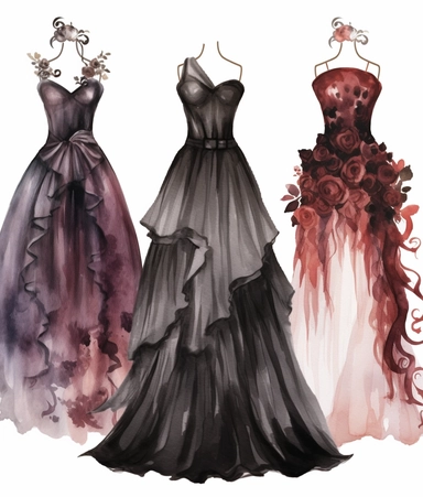 4 watercolor illustration goth wedding dress, in the style of dark palette chiaroscuro, romantic motifs, white, dark maroon and bronze, naïve, inventive, romantic floral motifs, clipart, white background