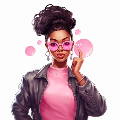 beautiful slassy african american woman wearing pink sunglasses pink jacket hoop earrings hair in a messy bun baby hair blowing a pink gum bubble arms folded she has one hand holding her face with one eyebrow raised clipart vector shiny illustration on a white background