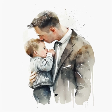 Watercolor Fathers Day Clipart, child cherishing father, white background