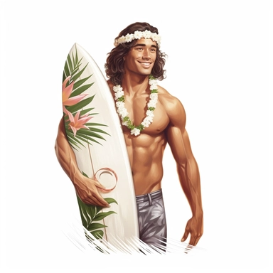 beautiful stunning hawaiian surfer young man , paint art style, clipart, white background, superrealistic, one of a kind