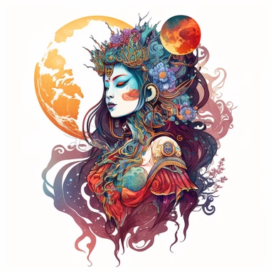 Boho style illustration, clipart, sublimation drawing Alien similar to the goddess Tu Er Shen, Chinese mythology . Bright colorful colors on a white background, high quality 8k, quality detail