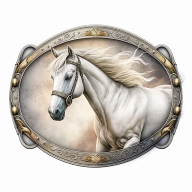 clipart, solid watercolor, realistic, detailed, isolated white background western belt buckle with horse clipart