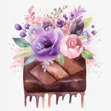watercolor chocolate bar on a chocolate cupcake with pink and purple flowers clipart ,hd, white background--ar3.2--s1000