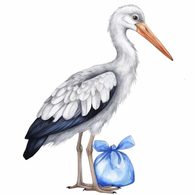 white stork with blue bag of birth, illustration clipart, high detailed, white background, digital art, watercolor