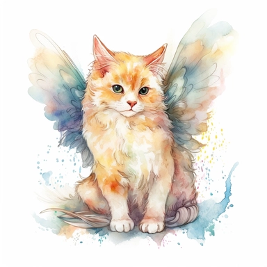 watercolor angel cat clipart, victorian-inspired illustration, vibrant color and lighting, full body character design