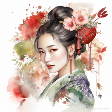watercolour clipart of beautiful Japanese Geisha Watercolor Clipart Bundle, hair tucked behind pointy ears, detailed character illustrations, fantasy illustration, close - up, multilayered realism, goblincore, delicate flowers, forest greenery, enchanted, pretty, majestic, magical, detailed, face only, UHD, 8K, 3D, solid white background