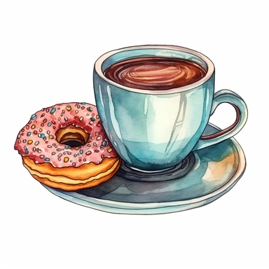 Full isolated coffee cup and donut on a plate on a white background, bolded outline clipart sticker watercolour style, bolded outline sticker, front view, isolated on a white background