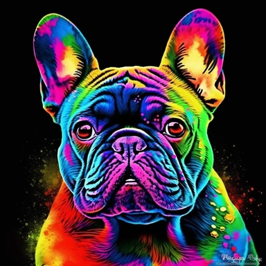 frenchie bulldog digital clip art, realistic, rainbowcore , blacklight paint,