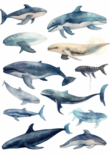 whales and whales cliparts by flora & fauna, in the style of dark white and light azure, mural painting, watercolor, strong facial expression, wimmelbilder, group material, large-scale