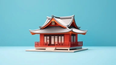 3d Japanese style house icon float with cloud isolated on blue background. real estate trading, dream house concept,, clipping path, hyper realistic, photorealistic, highly detailed,