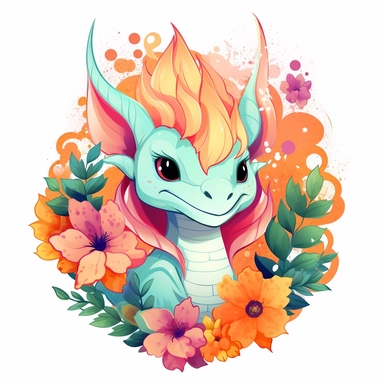 vector art of kawaii dragon breathing fire cute with flourishes of flowers clip art with white background