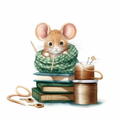 watercolor clipart, cute little brown mouse wearing glasses and a green scarf, sitting on the top of a sewing thread spool reading a book, soft golden glow, isolated and centered on a white background, detailed 8K