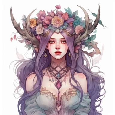 cartoon girl wearing a flower headdress and a necklace, in the style of dark fantasy creatures, fairy academia, intense deep pastel colours, i can't believe how beautiful this is, inventive character designs, elaborate costumes, magali villeneuve, Watercolor clipart, white Background