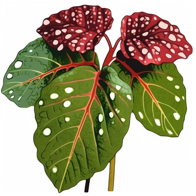 Clipart, Polka Dot Begonia's, Plantae, Tracheophytes Raddi, is a tropical plant native to southeast Brazil. It has green oblong leaves in shaped of angel wing, in a vibrant olive green color, deep red purple undersides of leaves and polka dot finishes on top. It has silver spots on its surface and a crimson reddish underside