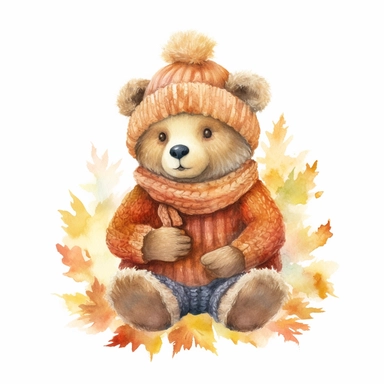 A bear autumn-themed, full color, knitted painting texture, Perfect for nursery art and children's book illustration style, simple, cute, full color, clipart, watercolor illustration, single object, high definition 8k, white background for removing background