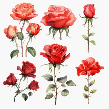 a series of beautiful and unique watercolor red roses clipart designs, each featuring multiple small roses in a composition. Your goal is to capture the delicate and vibrant nature of red roses in a visually appealing way. Experiment with various brush strokes, layering techniques, and color blends to bring out the rich tones and textures of the petals. Focus on creating intricate details while maintaining an overall balanced composition. Let your creativity flow and explore different arrangemen