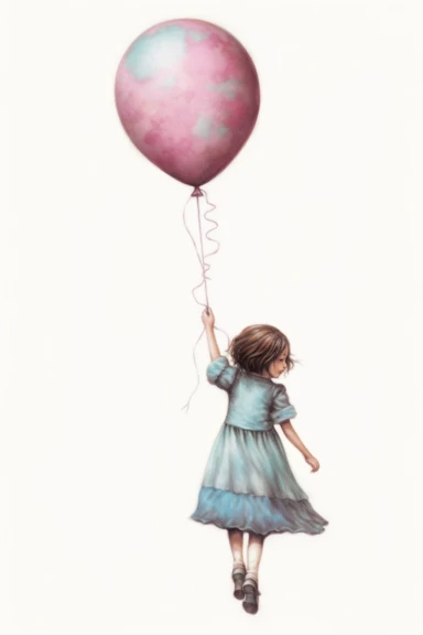 kim clooney little girl with balloon, in the style of soft and dreamy tones, tim holtz, close up, toyen, ruth sanderson, dark brown and light blue, dark pink and azure, clipart on a white background