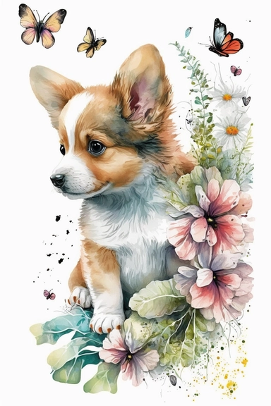 Adorable chiot jouant avec papillon et fleurs : Clipart aquarelle,réalisé félin mignon, utilisation commerciale, 300 DPI, Art mural, fabrication de cartes,