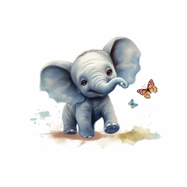 cute baby elephant chasing a butterfly, clipart, white background