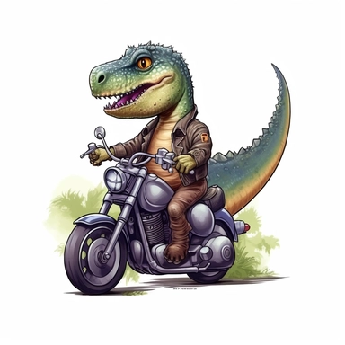Create a clipart of a cute brontosaurus in a leather jacket riding a vintage motorcycle. Strong and aggressive colors. Jungle trees before a White Background, soft lighting.