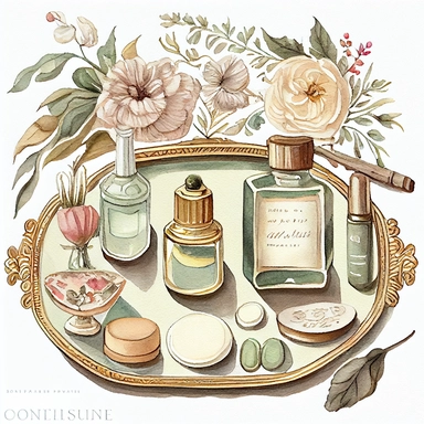 watercolor, hyper realistic, white background, white margins, 16k, ultra detailed clipart, cut out image, hand-drawn An antique-inspired vanity tray with vintage perfume bottles arranged on it, accompanied by a mirror, a brush, and other beauty accessories. Use soft and muted colors such as brown, sienna, beign, and sage green for a vintage-inspired palette