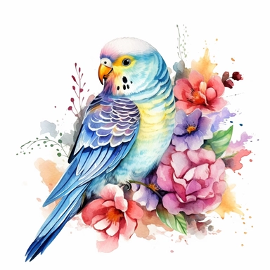 budgie bird,watercolour style, colourful, rainbow, watercolour, isolated solid background, pretty, floral, clipart, include branch and flowers--no watermark, text, words, paintbrush, typography
