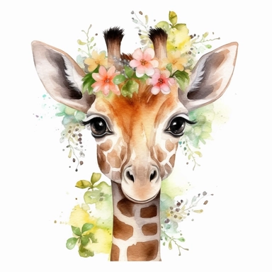 cute baby Giraffe with flowers, baby baby pictures, vector, watercolor clipart, Sublimation graphics, , watercolor clipart, unique design, print on demand image, transparent PNG background, white background, 8k