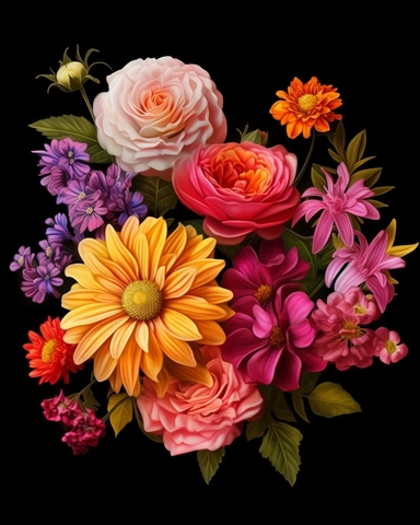 highly detailed 8k greeting card bunch of colorful canation flowers clipart, black background,
