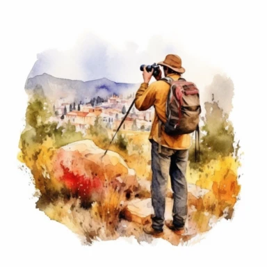 Create a watercolor clipart of a photographer capturing a beautiful landscape or an interesting subject