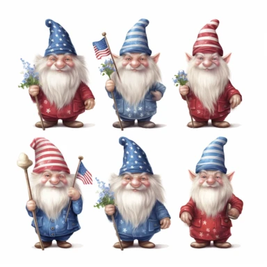 4 july gnomes photorealistic clipart,on white background with margins