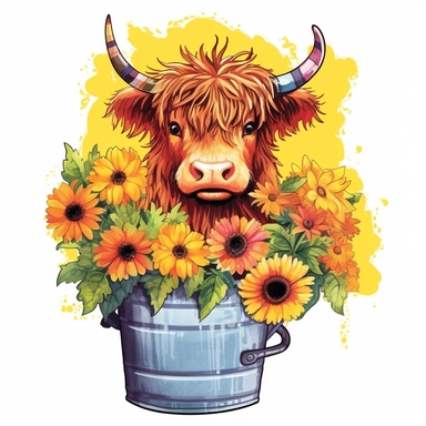 Highland Cow With Sunflowers in a flower pot with colorful flowers and a rainbow clipart