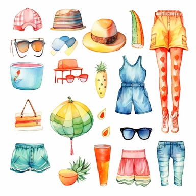 colorful watercolor summer clothes equipment collection clipart, in the style of whimsical cartoon-style, various goods, multiple objects, fun, summer equipments, jcore, playful, youthful images, iso 200, manapunk, primary colors, white background